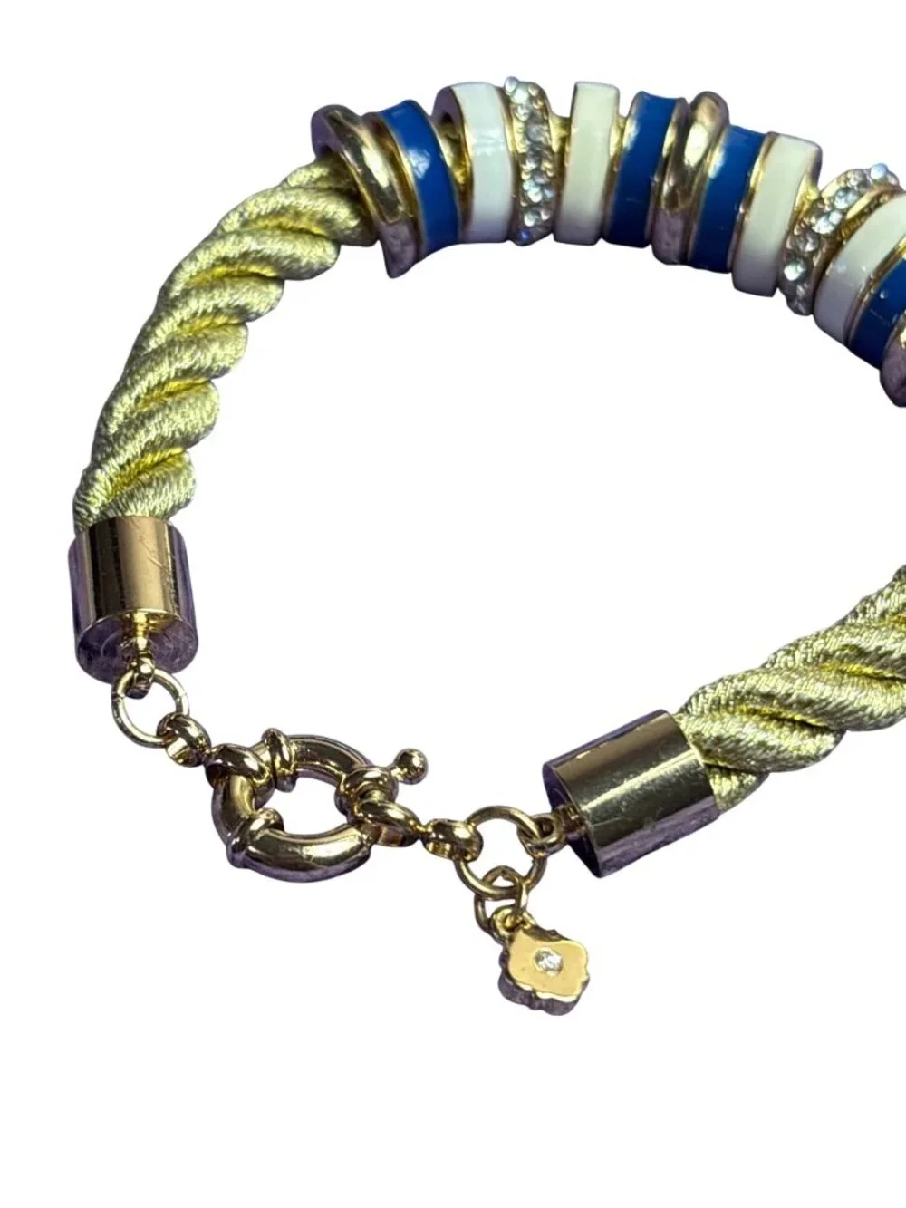 Crown & Ivy Nautical Rope Bracelet Blue Cream Enamel Clear Rhinestone Goldtone